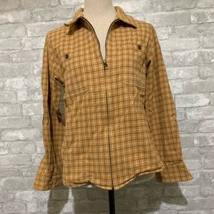 Denim&Co Mustard Yellow Brown Zip up Flannel Cotton Shirt Top Elbow Patches Work